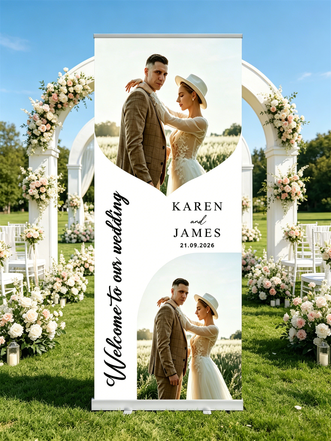 Customized wedding retractable banners - personalized photo wedding welcome signs, reception decorations and background curtains